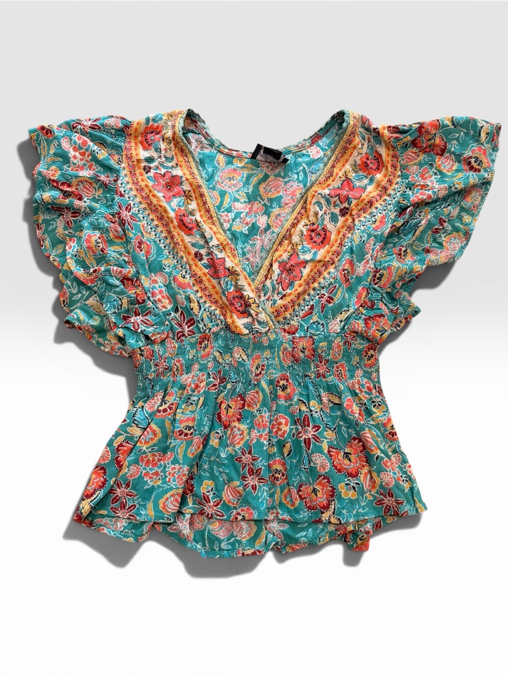 Angie Floral V-Neck Flutter Sleeve Blouse - Teal
